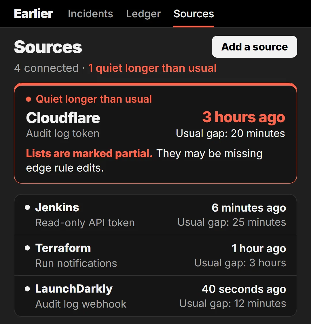 The Sources view: four connected sources with last event and usual gap; Cloudflare is quiet longer than usual, so lists are marked partial.